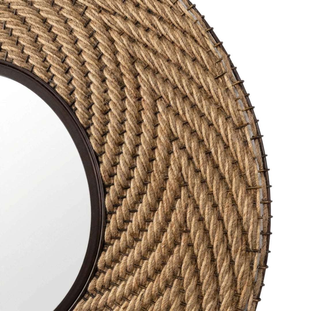 Close-up detail of the jute weave highlighting the natural fiber texture around the mirror frame.