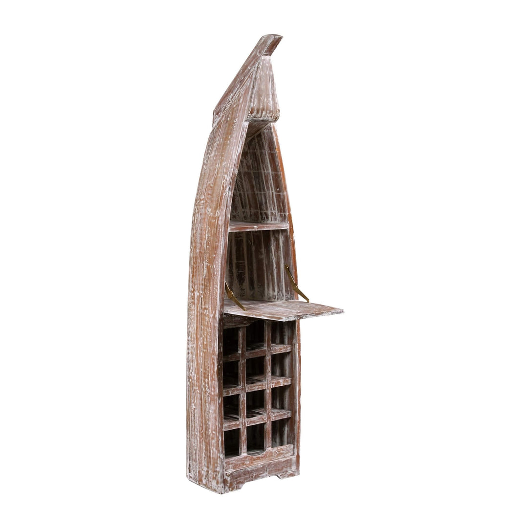 Angled view of Poseidon reclaimed teak boat-shaped bar