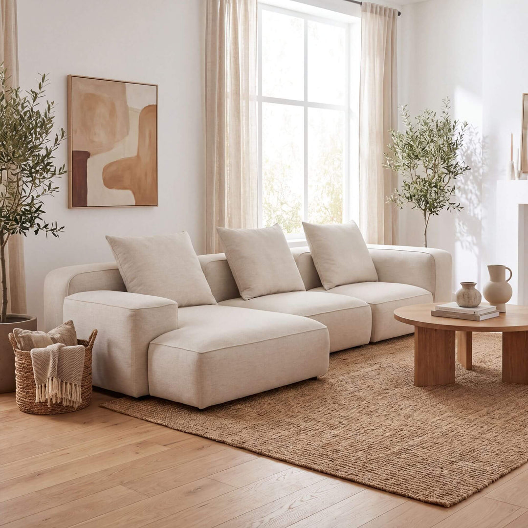Positano chaise longue sofa styled in a bright Mediterranean-inspired living room with warm natural textures