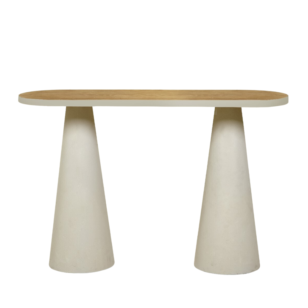 Front view of Prana Console Table showcasing its elongated wooden top and sculptural metal bases.