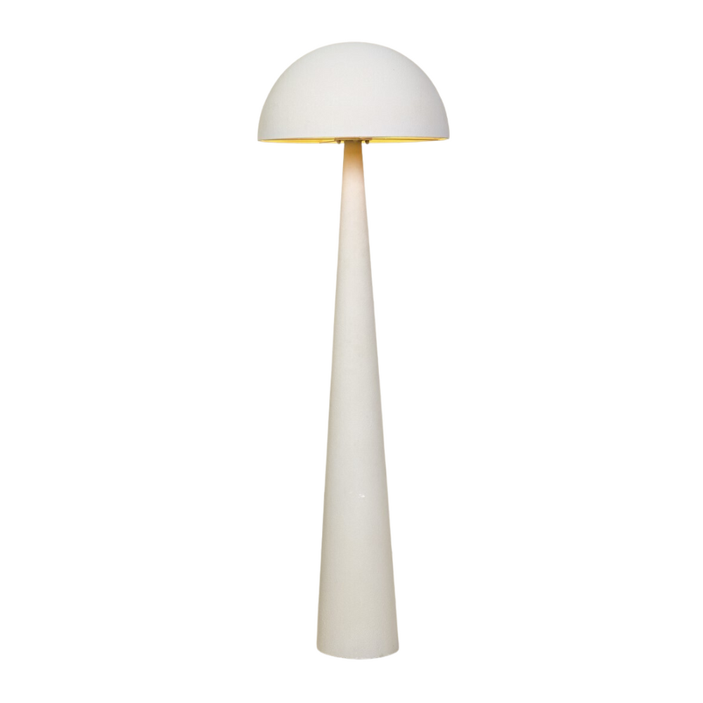 Large Prana floor lamp with white dome shade and conical base.