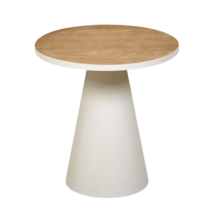 Front view of small Prana Side Table highlighting its round tabletop and tapered base.