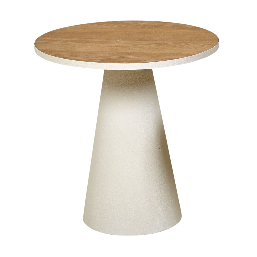 Front view of large Prana Side Table highlighting its round tabletop and tapered base.