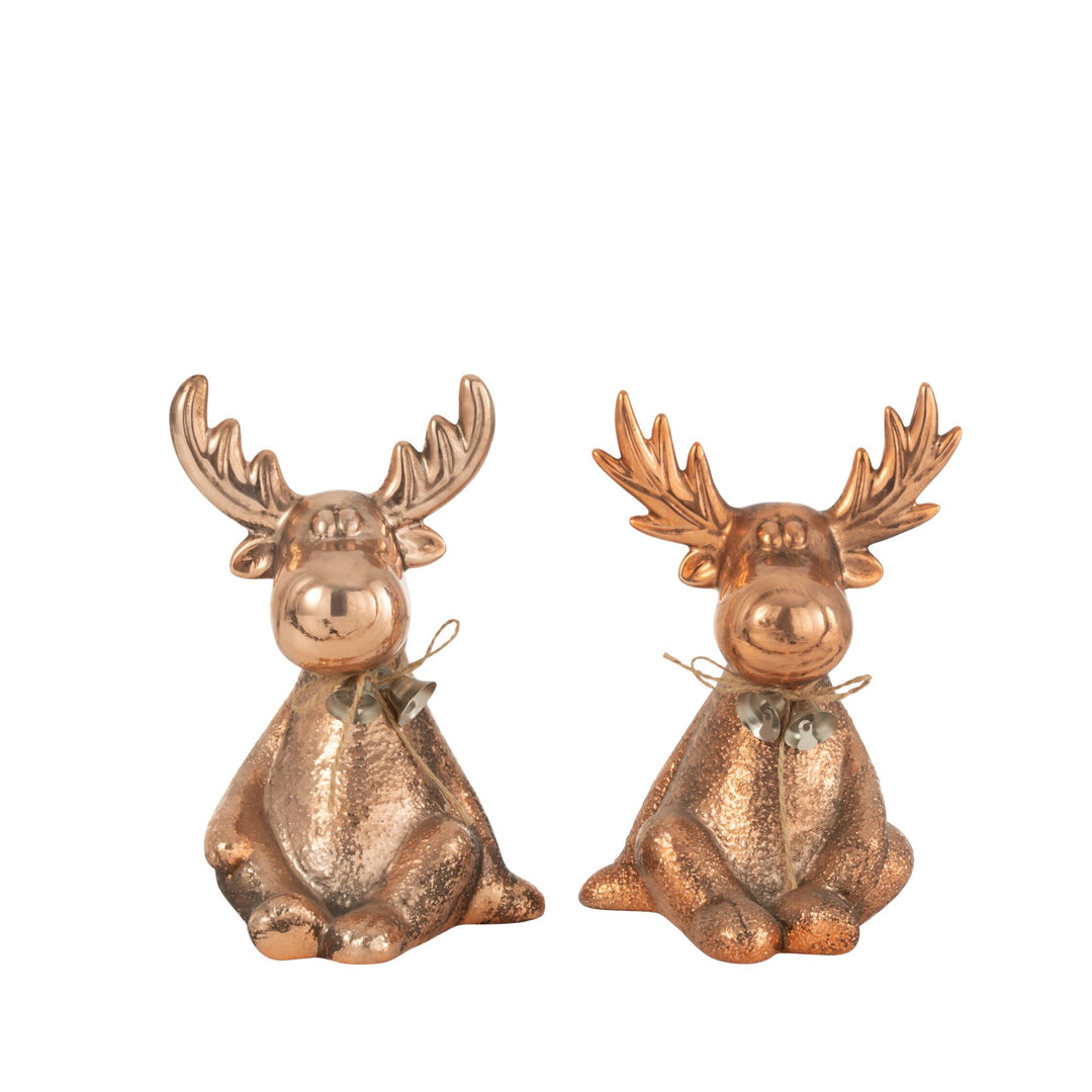 Pair of copper Prancer & Vixen reindeer figures in a seated holiday pose.