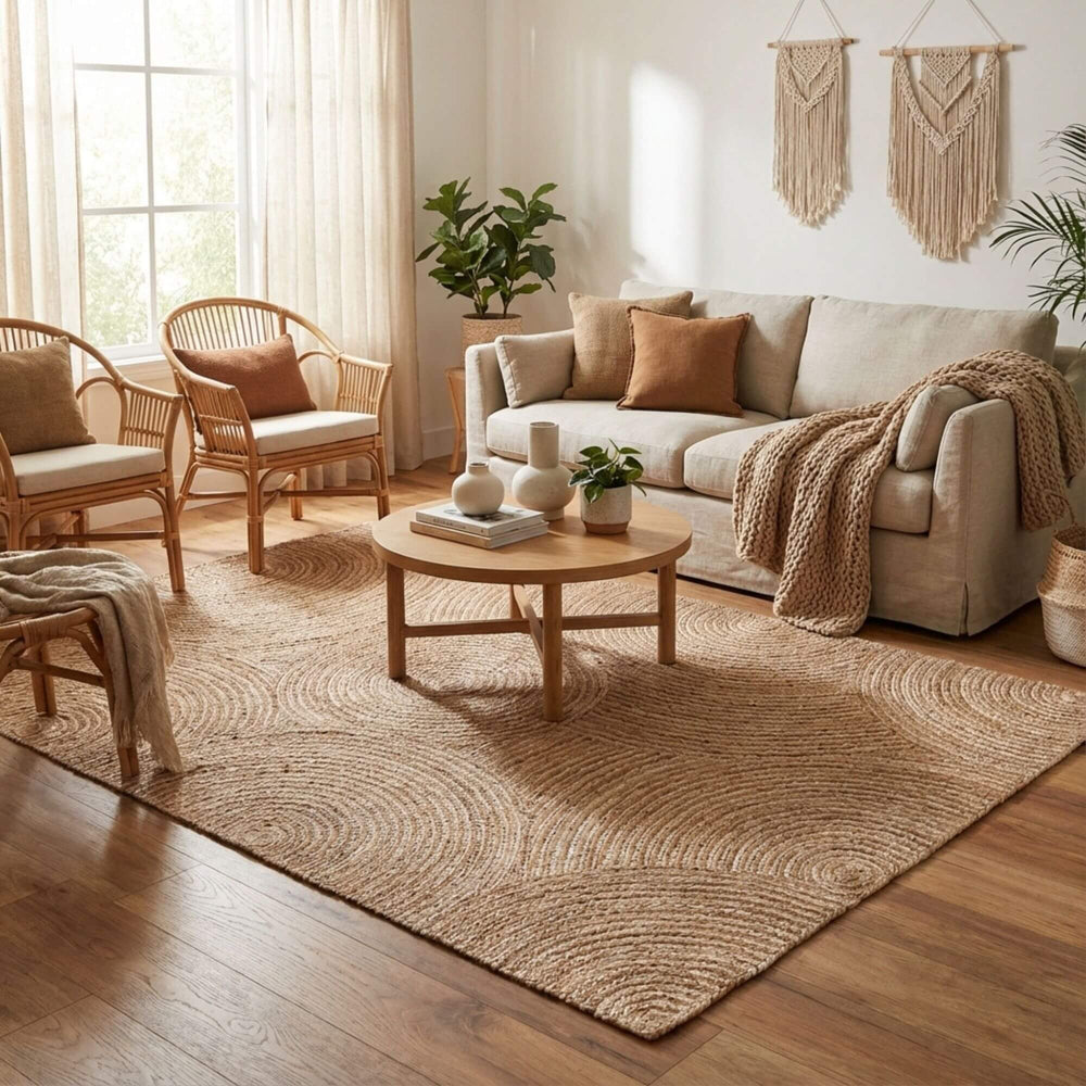 Styled interior scene featuring the Pudunta jute rug in a warm, neutral living room.