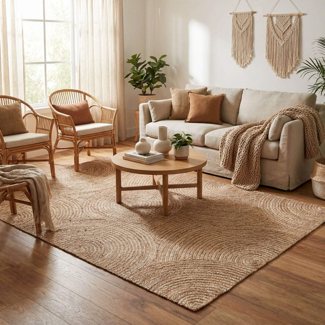 Styled interior scene featuring the Pudunta jute rug in a warm, neutral living room.