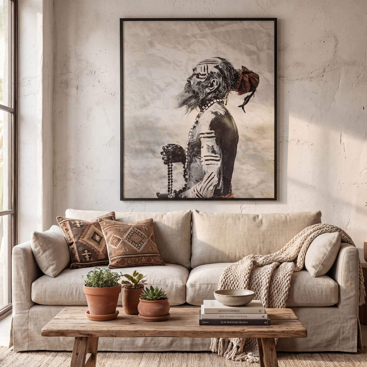 Styled interior setting featuring the Punjab Ascetic artwork displayed above a sofa in a warm living room.