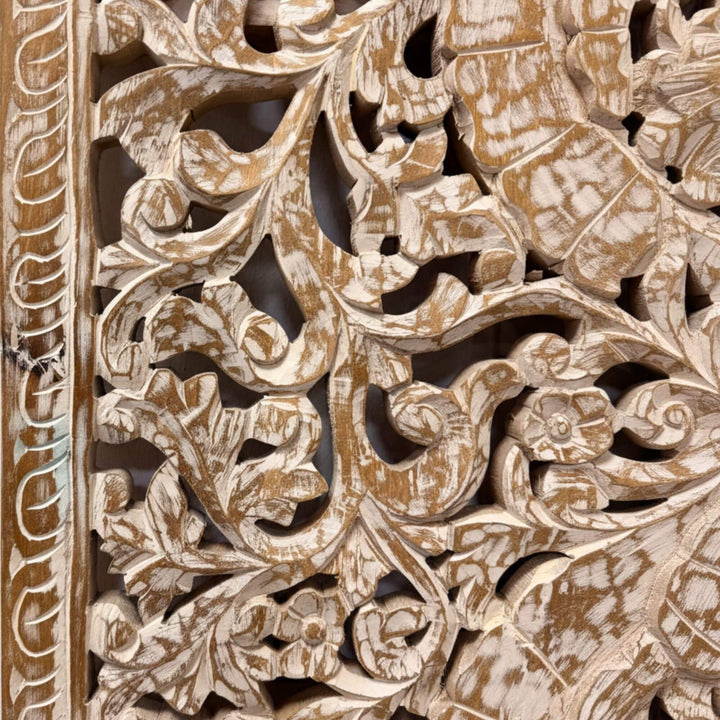 Detailed carving showing the distressed texture and craftsmanship of the Punsari Wall Deco.