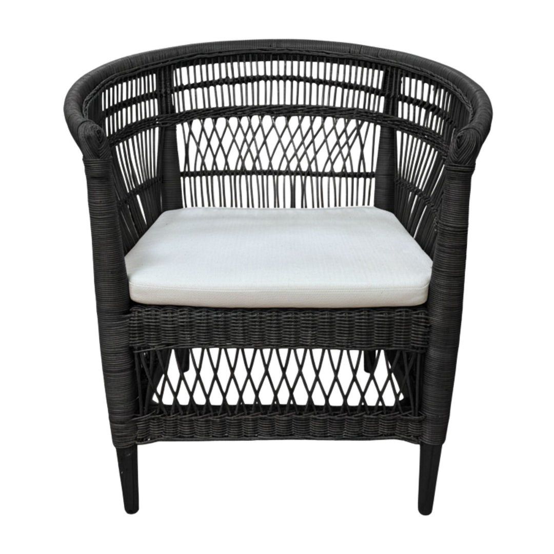 Front view of the Punta Blanca Chair made of black rattan and teak wood.