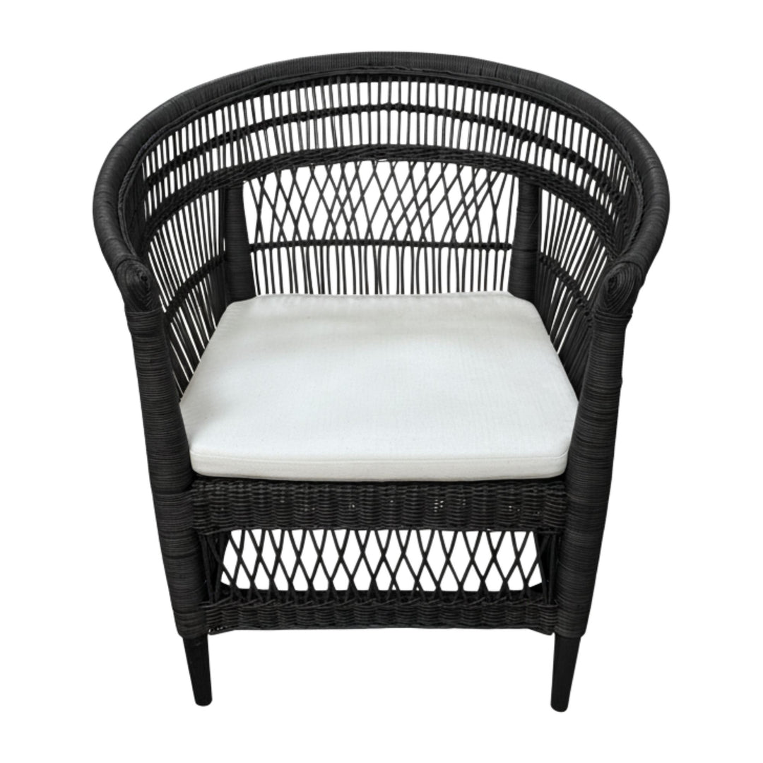 Front view of the Punta Blanca Chair made of black rattan and teak wood.