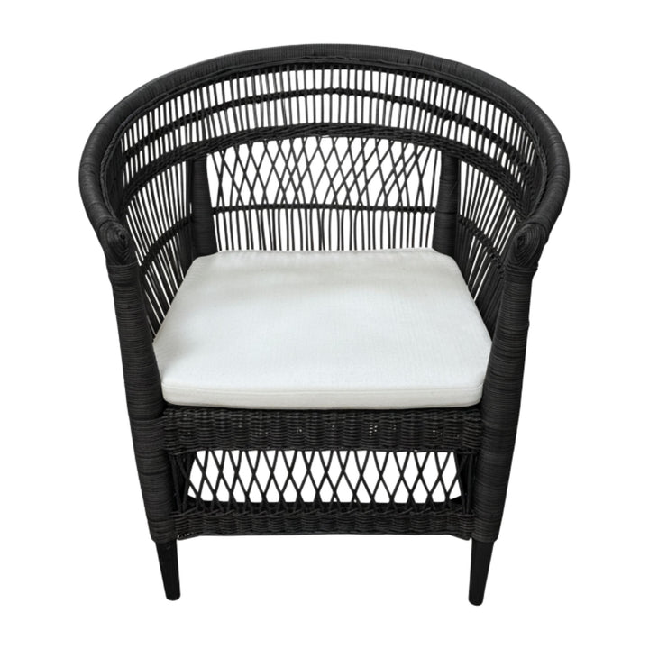 Front view of the Punta Blanca Chair made of black rattan and teak wood.