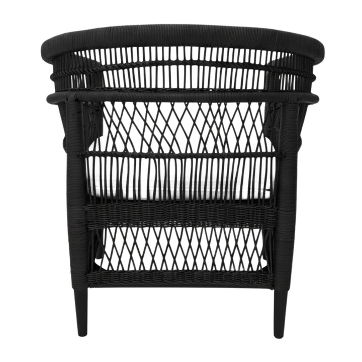 Rear view of the handcrafted black rattan and teak Punta Blanca Chair.