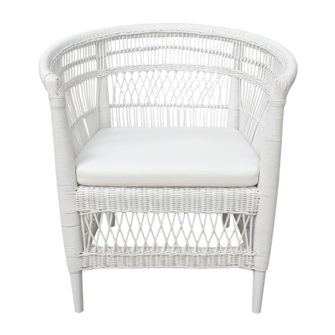 Front view of the Punta Blanca Chair made of white rattan and teak wood.