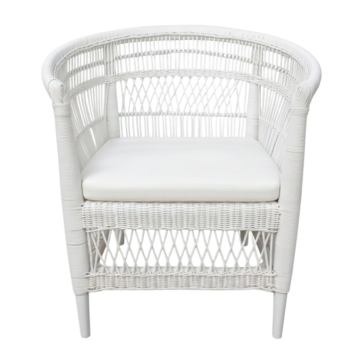 Front view of the Punta Blanca Chair made of white rattan and teak wood.