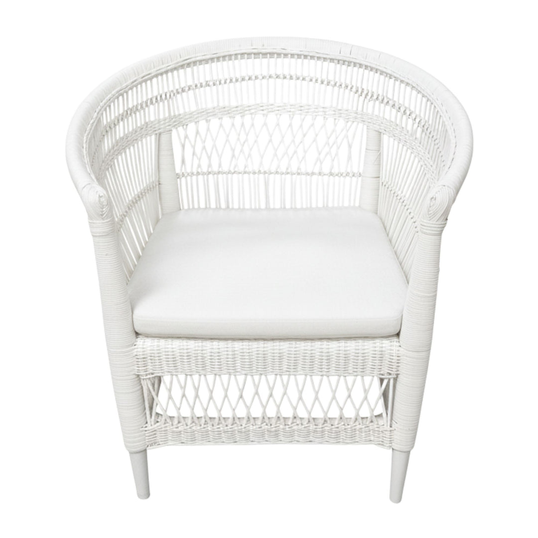 Front view of the Punta Blanca Chair made of white rattan and teak wood.