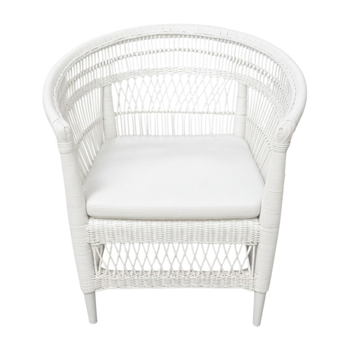 Front view of the Punta Blanca Chair made of white rattan and teak wood.