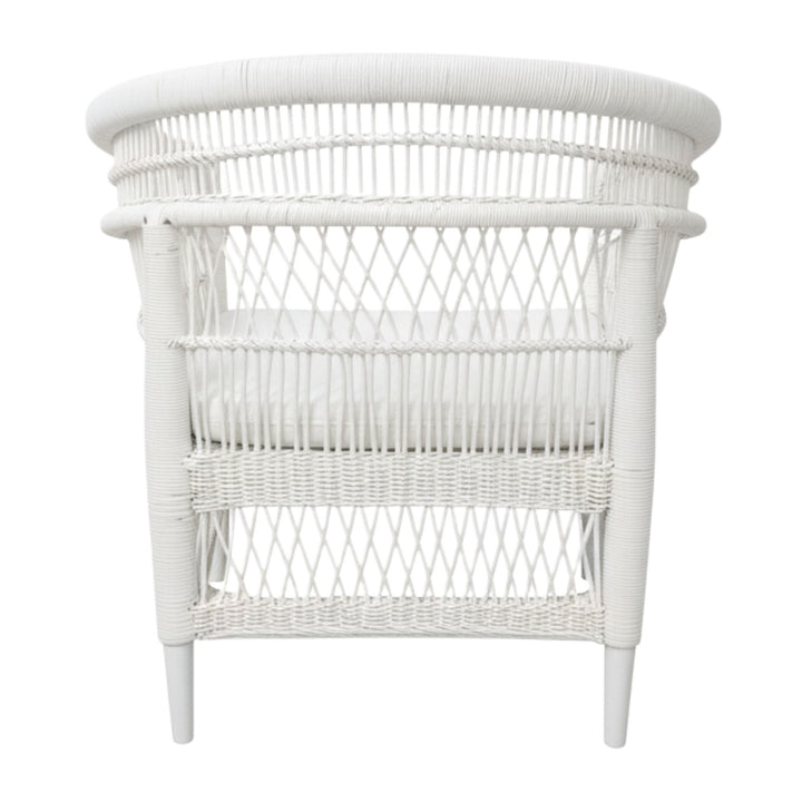 Rear view of the handcrafted white rattan and teak Punta Blanca Chair.
