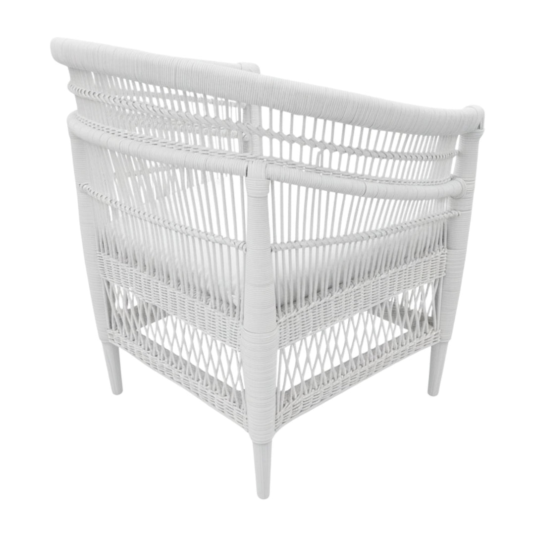 Rear view of the handcrafted white rattan and teak Punta Blanca Chair.