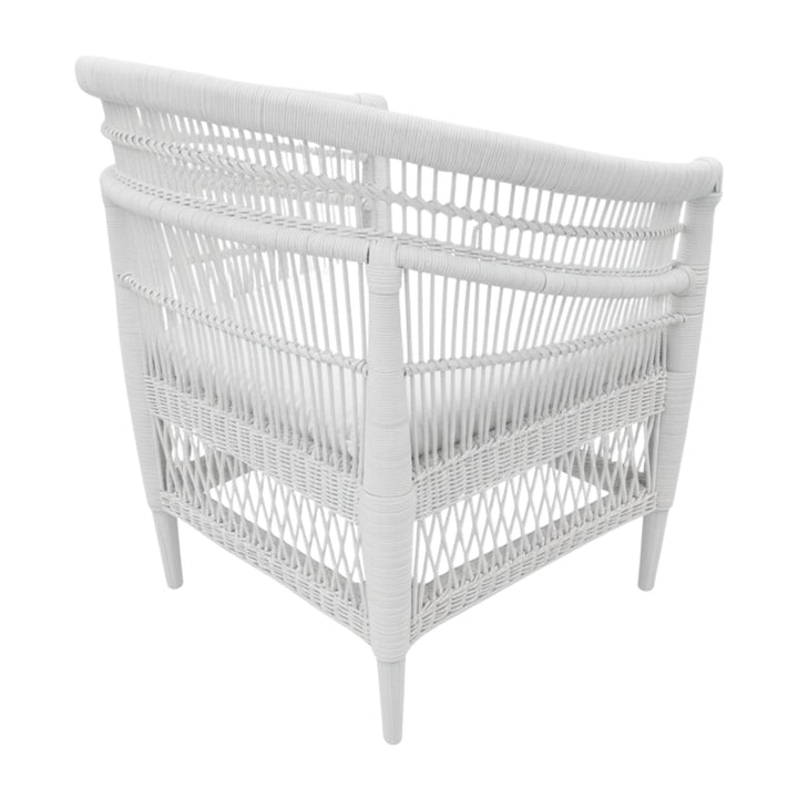 Rear view of the handcrafted white rattan and teak Punta Blanca Chair.