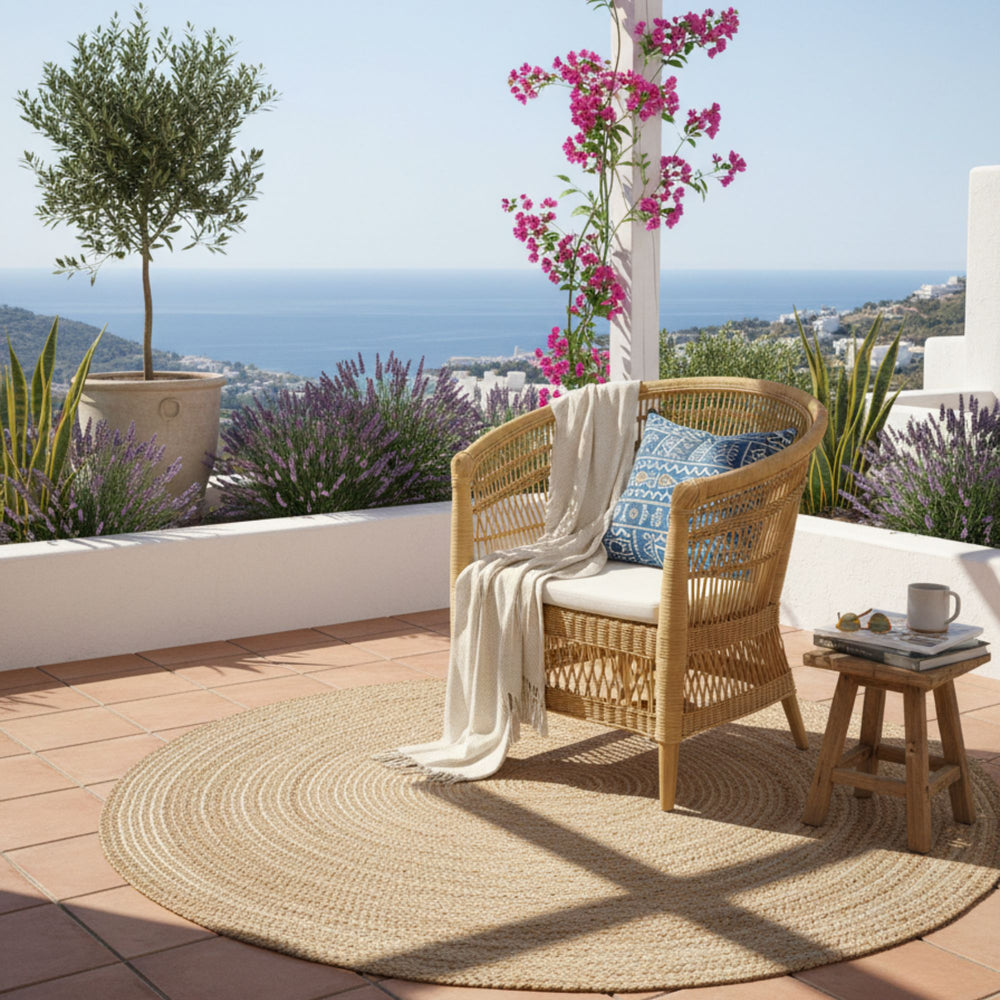 Outdoor terrace setup featuring the Punta Blanca rattan and teak chair.