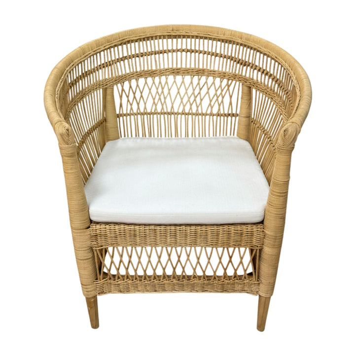 Front view of the Punta Blanca Chair made of natural rattan and teak wood.