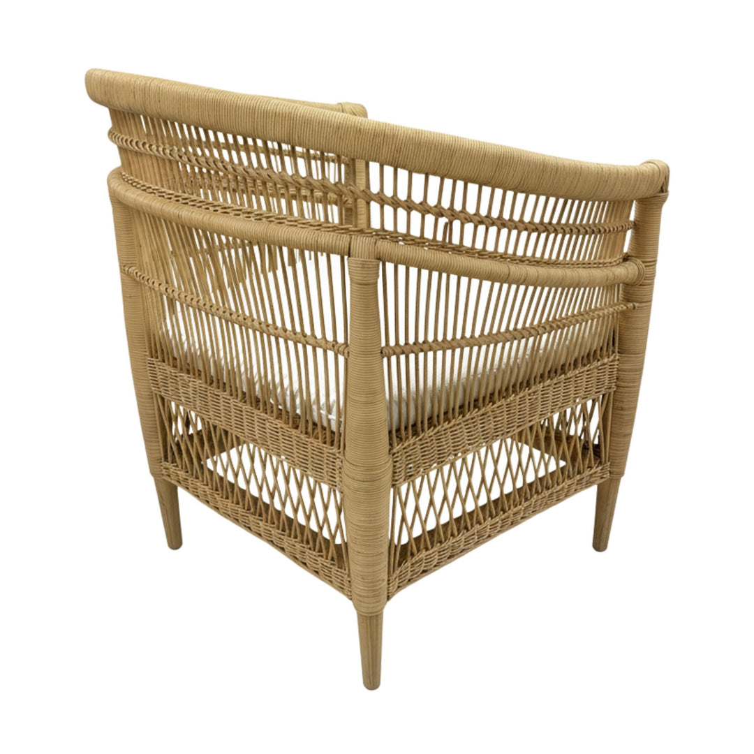 Rear view of the handcrafted rattan and teak Punta Blanca Chair.