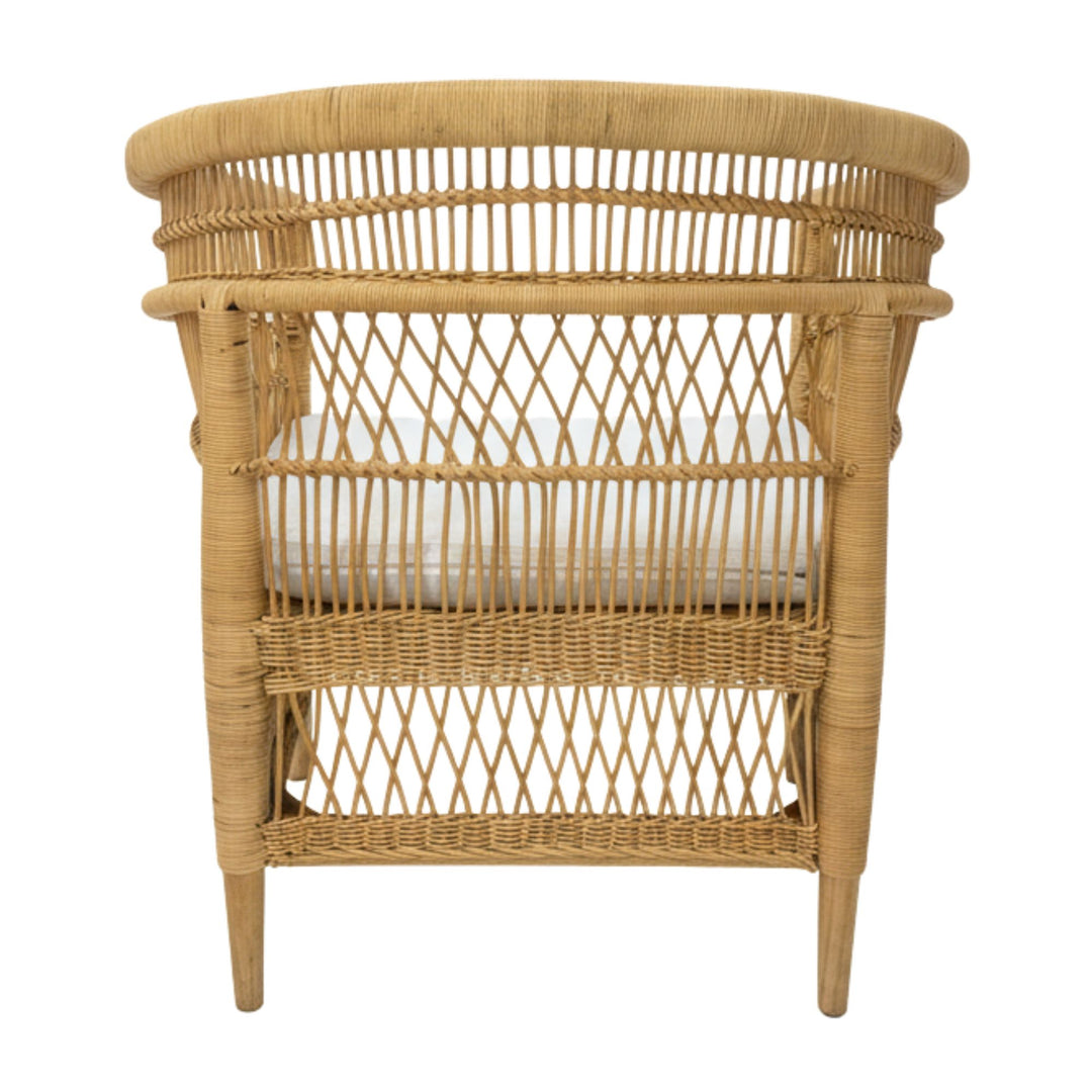 Rear view of the handcrafted rattan and teak Punta Blanca Chair.