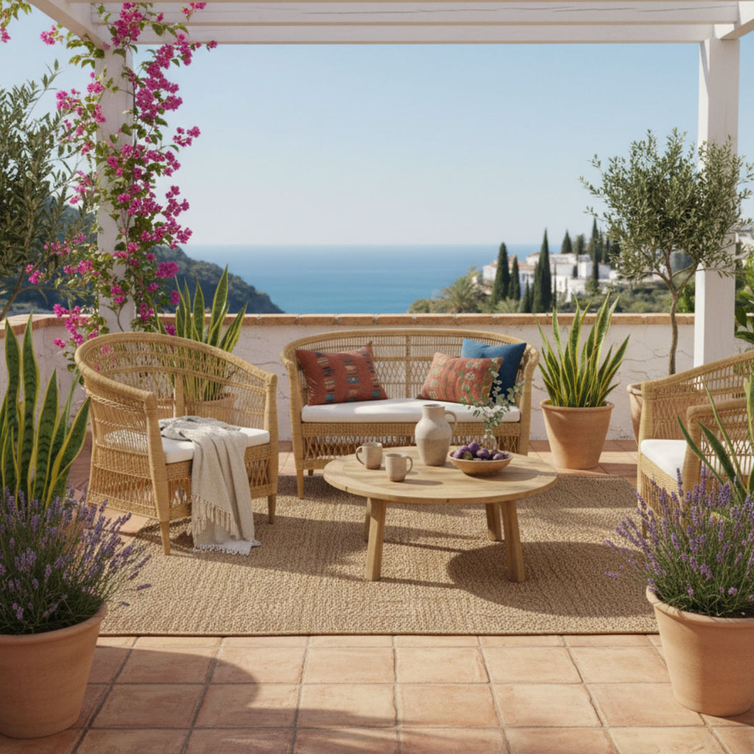 Outdoor terrace setup featuring the Punta Blanca rattan sofa with ocean views.
