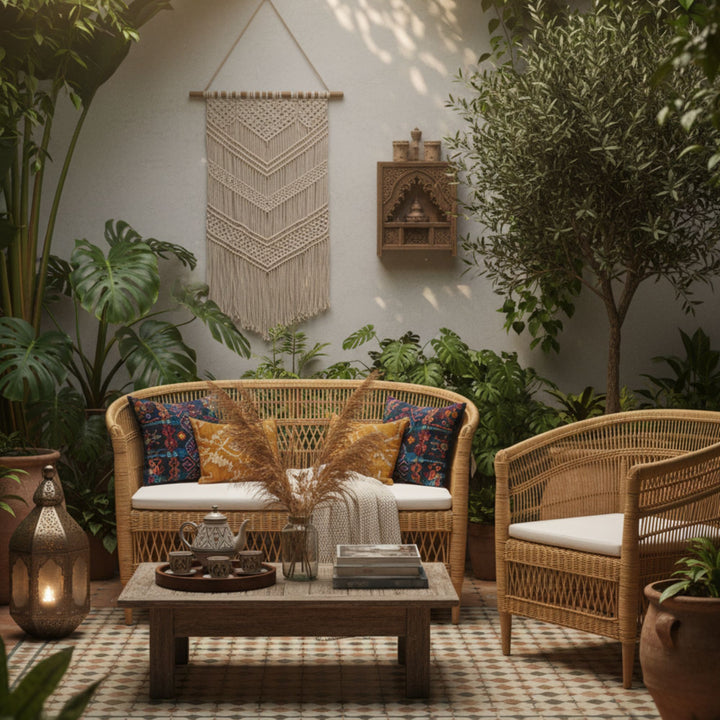 Cozy garden lounge scene with the Punta Blanca Sofa and matching rattan pieces.