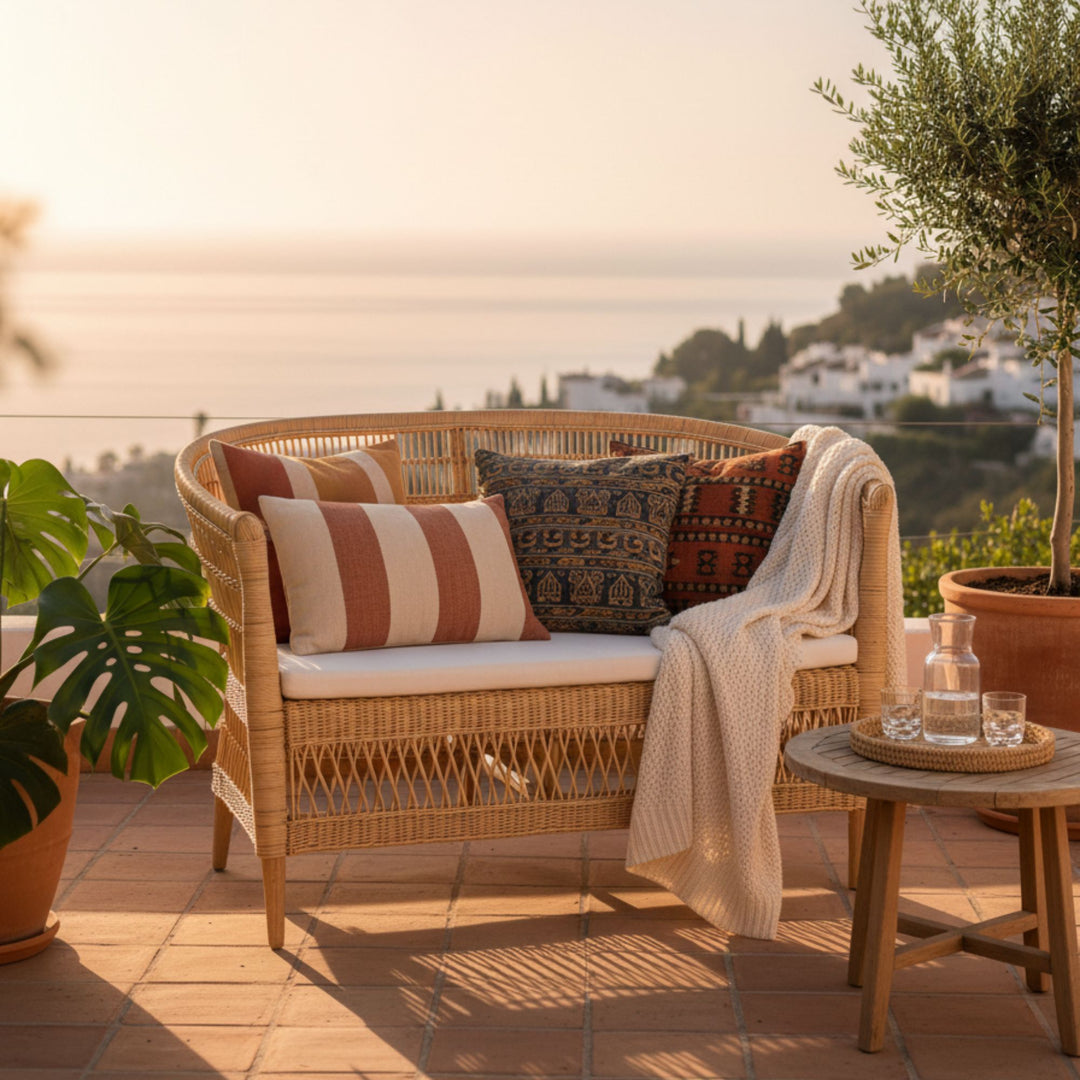 Outdoor terrace setup featuring the Punta Blanca rattan sofa with ocean views.