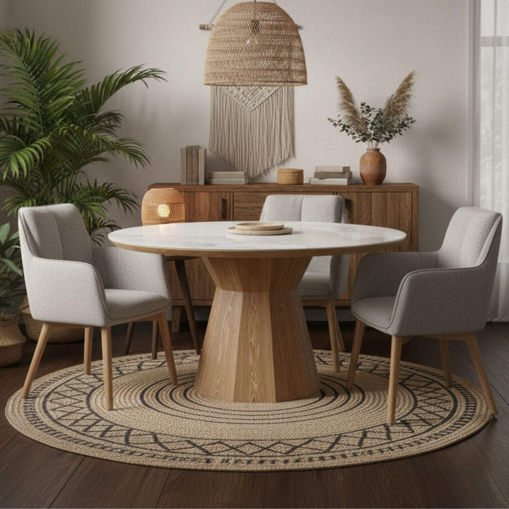 Pura dining chair grey with Ash Dining table in cozy living room setting