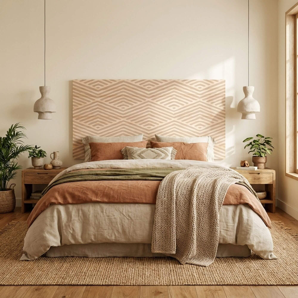 Styled bedroom interior featuring Pyramid Print Headboard as a statement piece with warm neutral textiles.