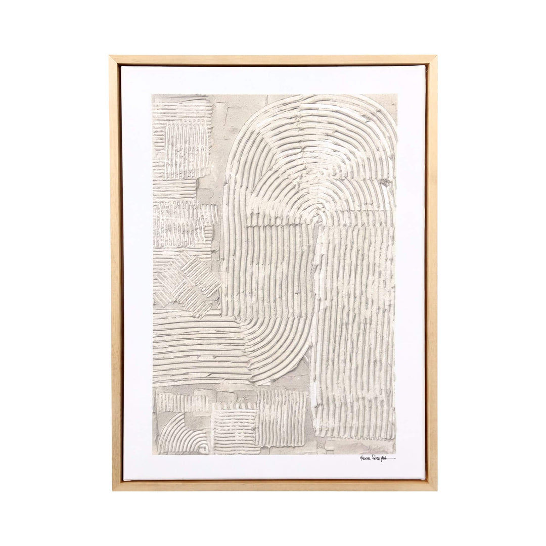 Front view of the Quiet Flow original painting by Manuel Pereyra with sculptural curved lines and textured relief in soft ivory tones