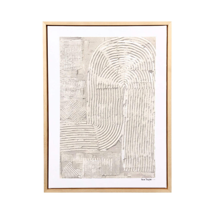 Front view of the Quiet Flow original painting by Manuel Pereyra with sculptural curved lines and textured relief in soft ivory tones