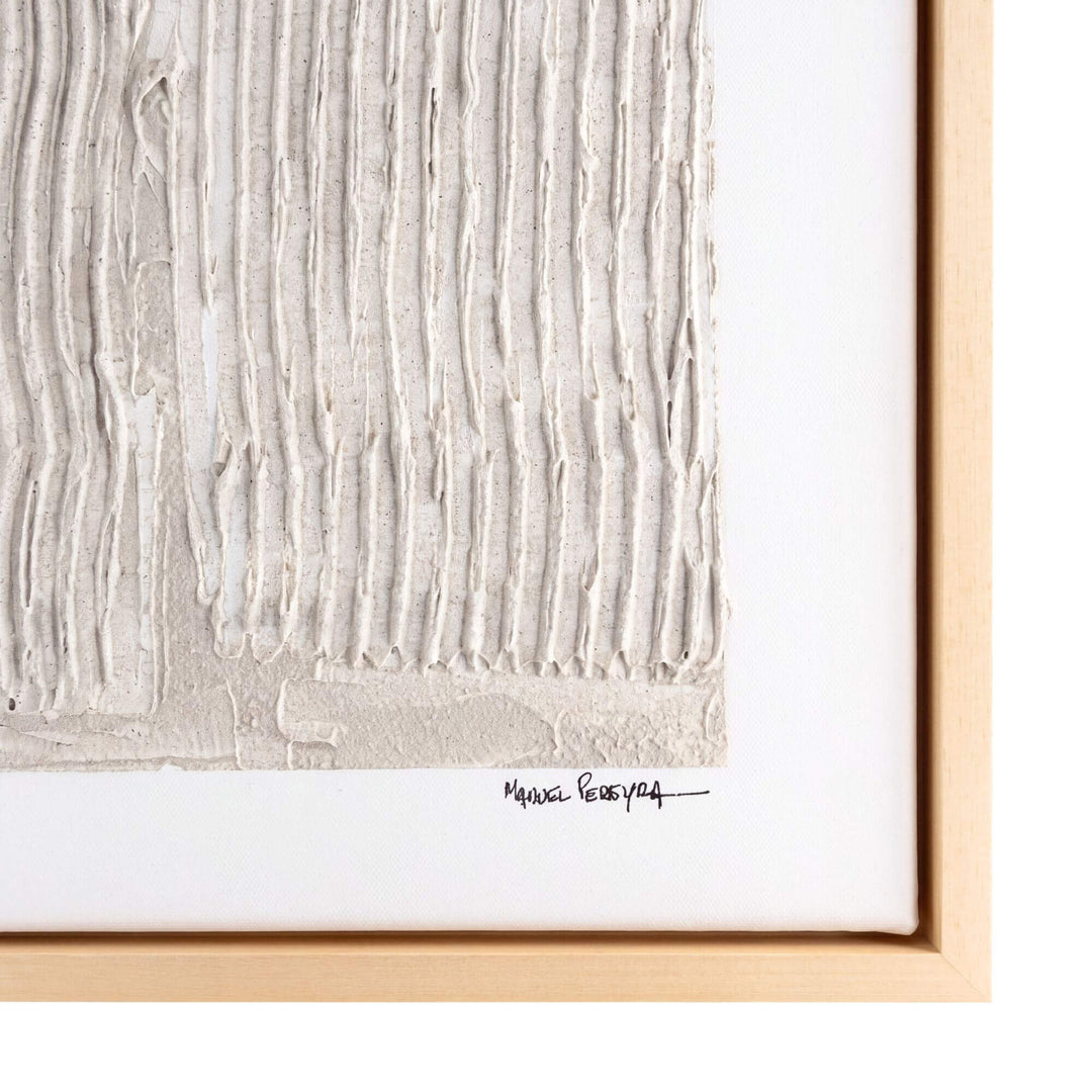 Close-up of the Quiet Flow artwork showing its vertical mixed-media relief texture and artist signature