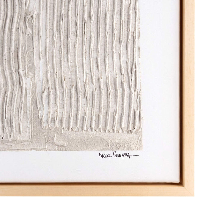 Close-up of the Quiet Flow artwork showing its vertical mixed-media relief texture and artist signature