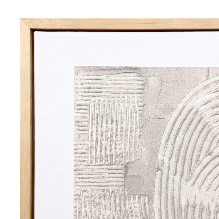Close-up of the Quiet Flow painting highlighting the curved linear composition, textured surface, and natural wood frame