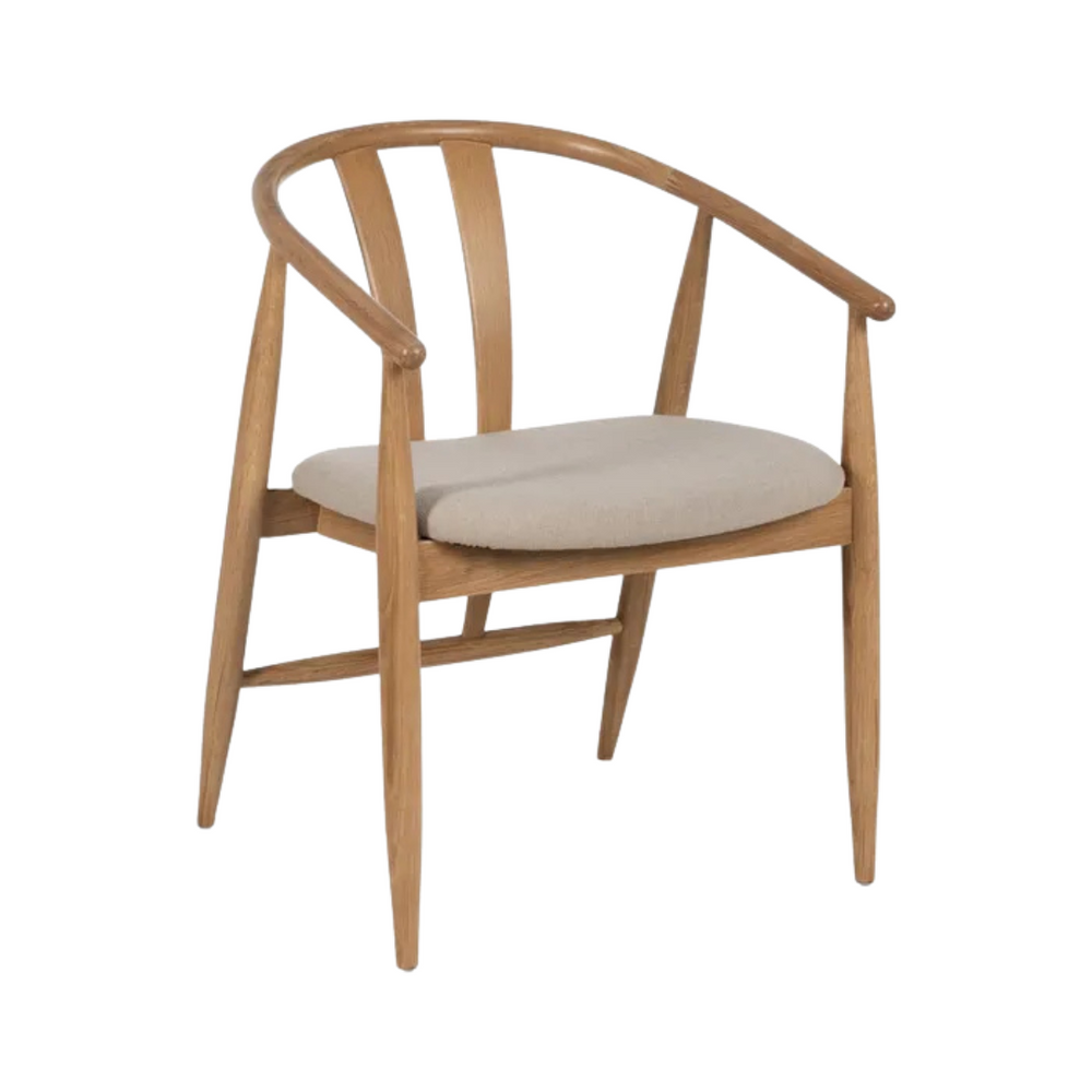 Front view of Rabat oak dining chair with curved backrest and fabric seat