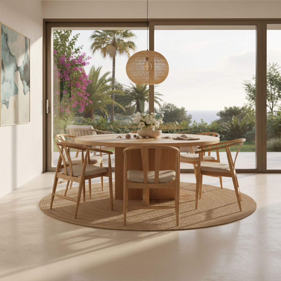 Living room setting of Rabat oak dining chair and Oak round dining table