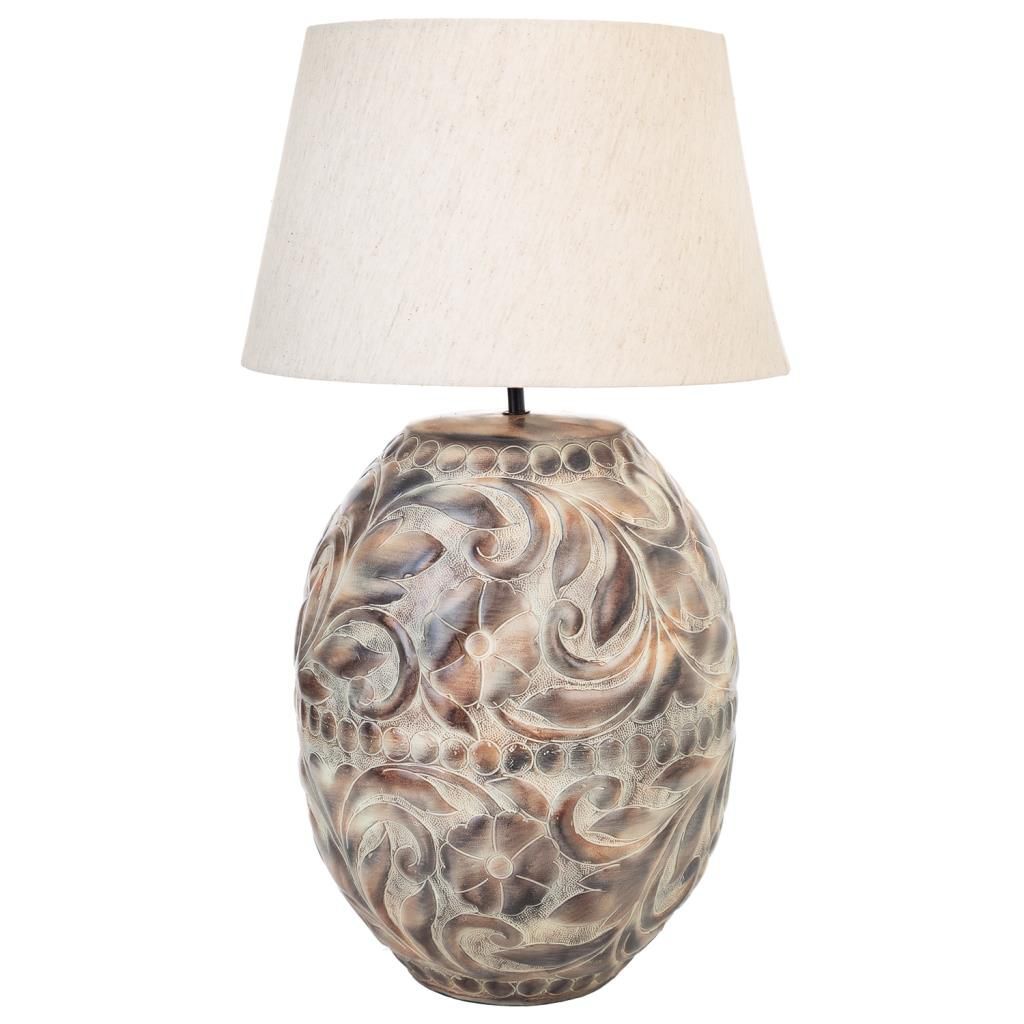 Radon table lamp with patterned iron base and natural fabric shade, overall height 71 cm.