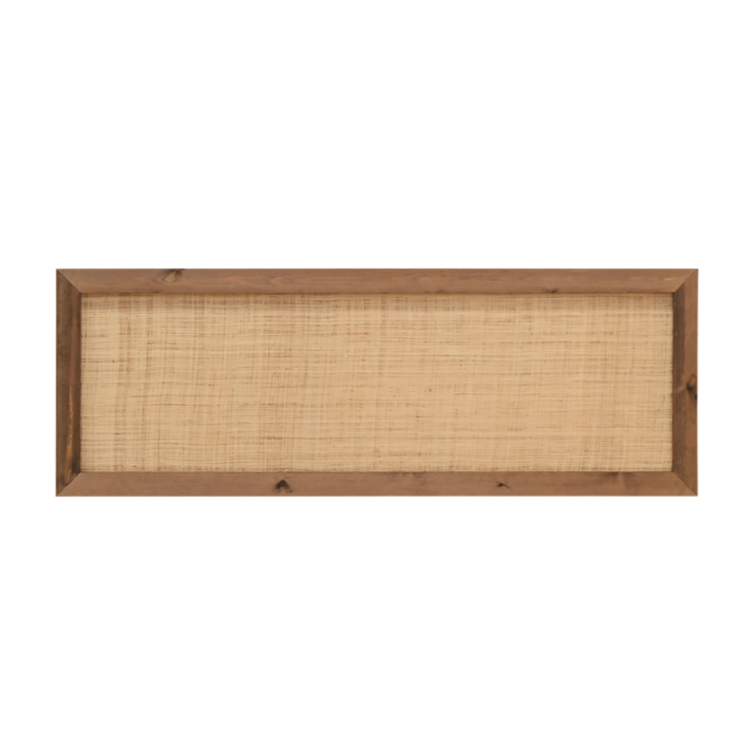 Front view of Raffia Headboard showing woven raffia panel framed in natural pine wood.