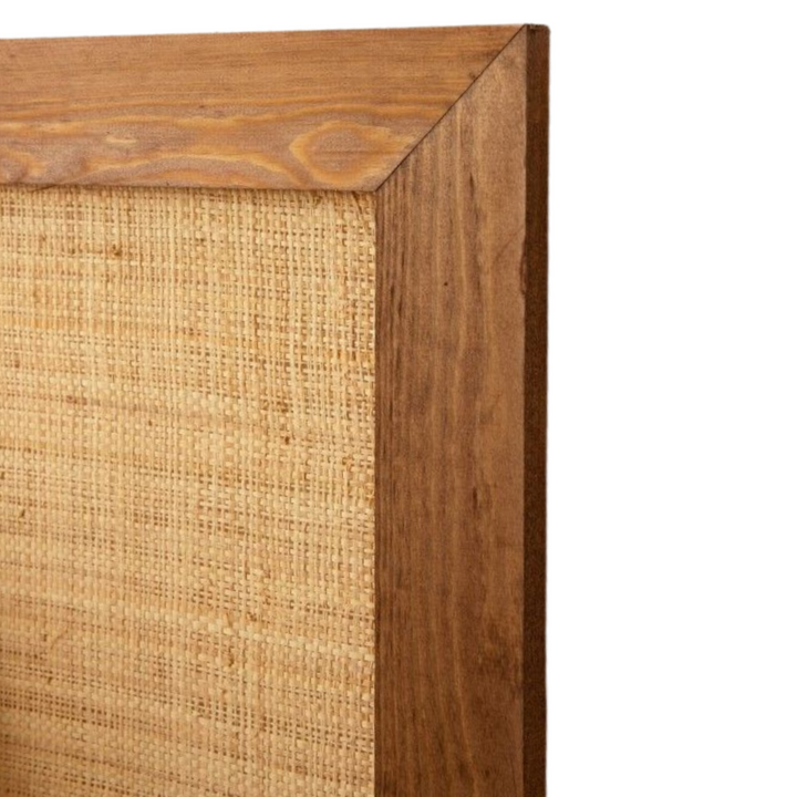Close-up detail of Raffia Headboard highlighting the raffia weave texture and wooden frame finish.