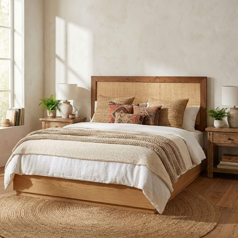 Styled bedroom interior featuring Raffia Headboard, creating a warm and relaxed natural atmosphere.