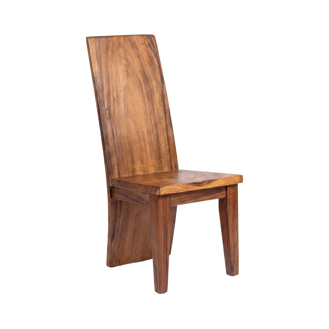 Front view of the Raja Ampat suar wood dining chair showing its solid wood structure and tall backrest.