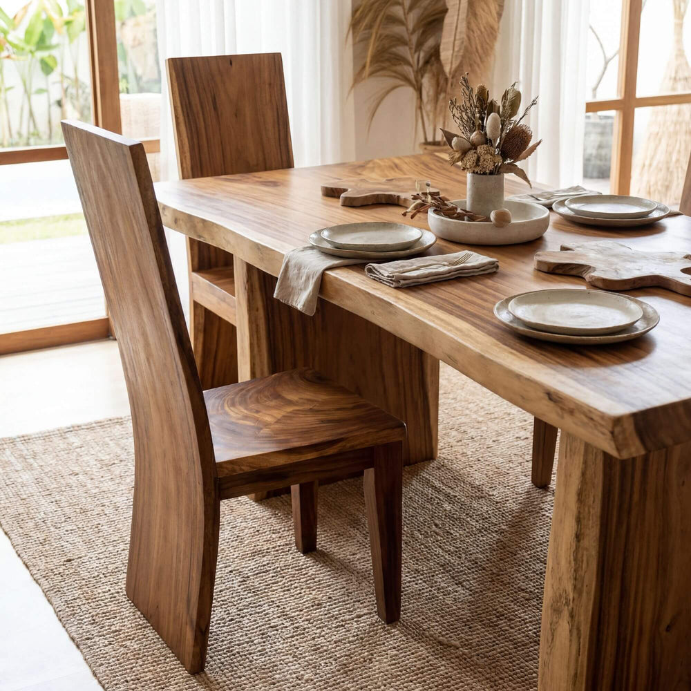 Styled dining room setting featuring Raja Ampat suar wood chairs around a matching wooden table.