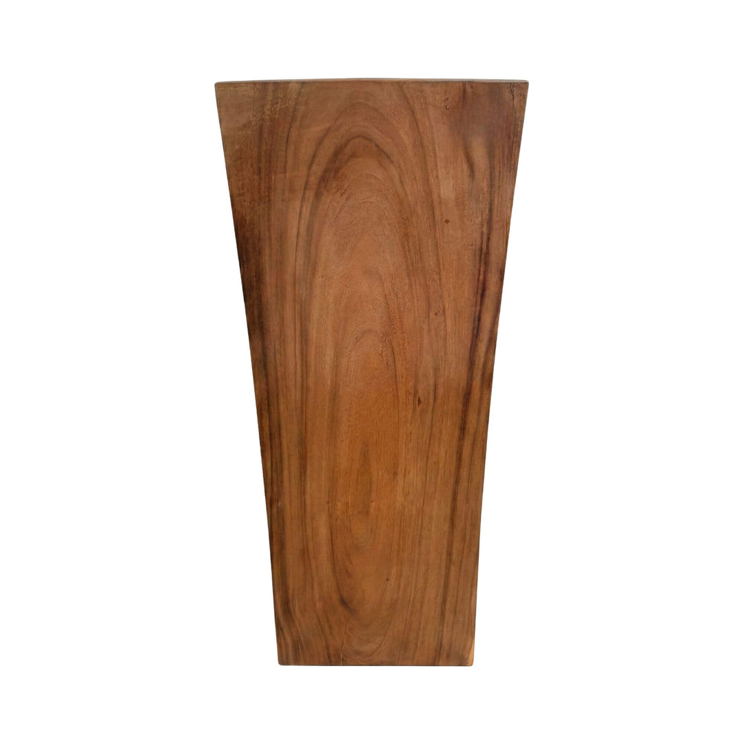 Rear view of the dining chair highlighting its sculptural backrest and solid wood frame.