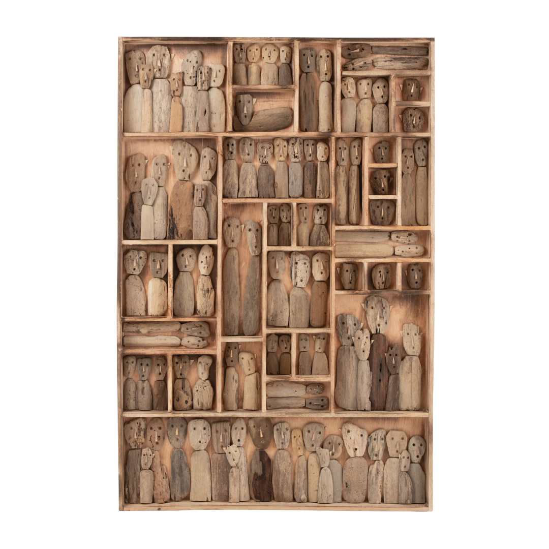 Front view of the Ralla wall deco showing its reclaimed wood frame and handcrafted sculptural composition.