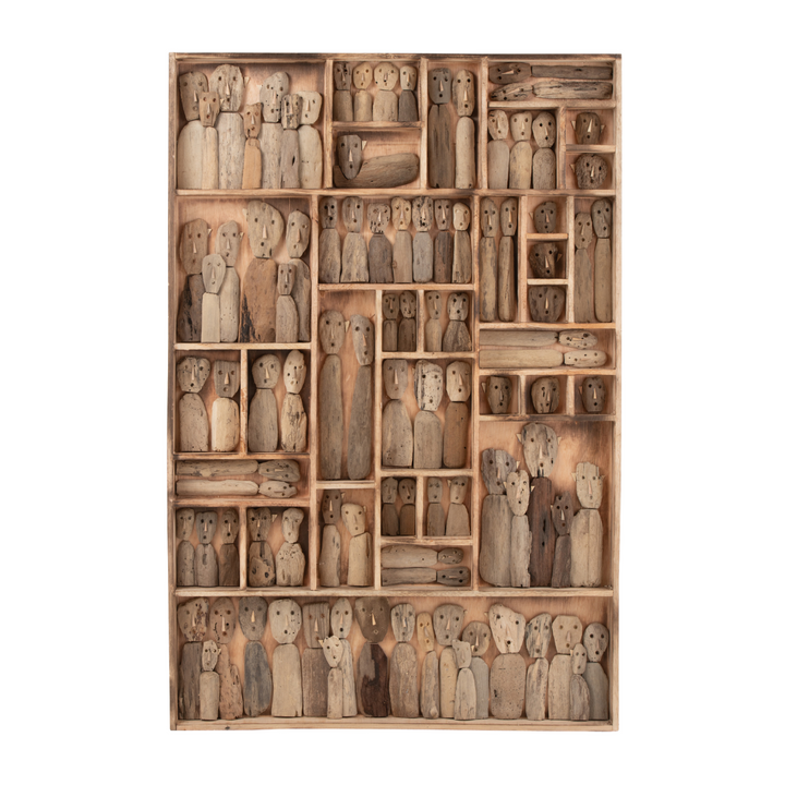 Front view of the Ralla wall deco showing its reclaimed wood frame and handcrafted sculptural composition.