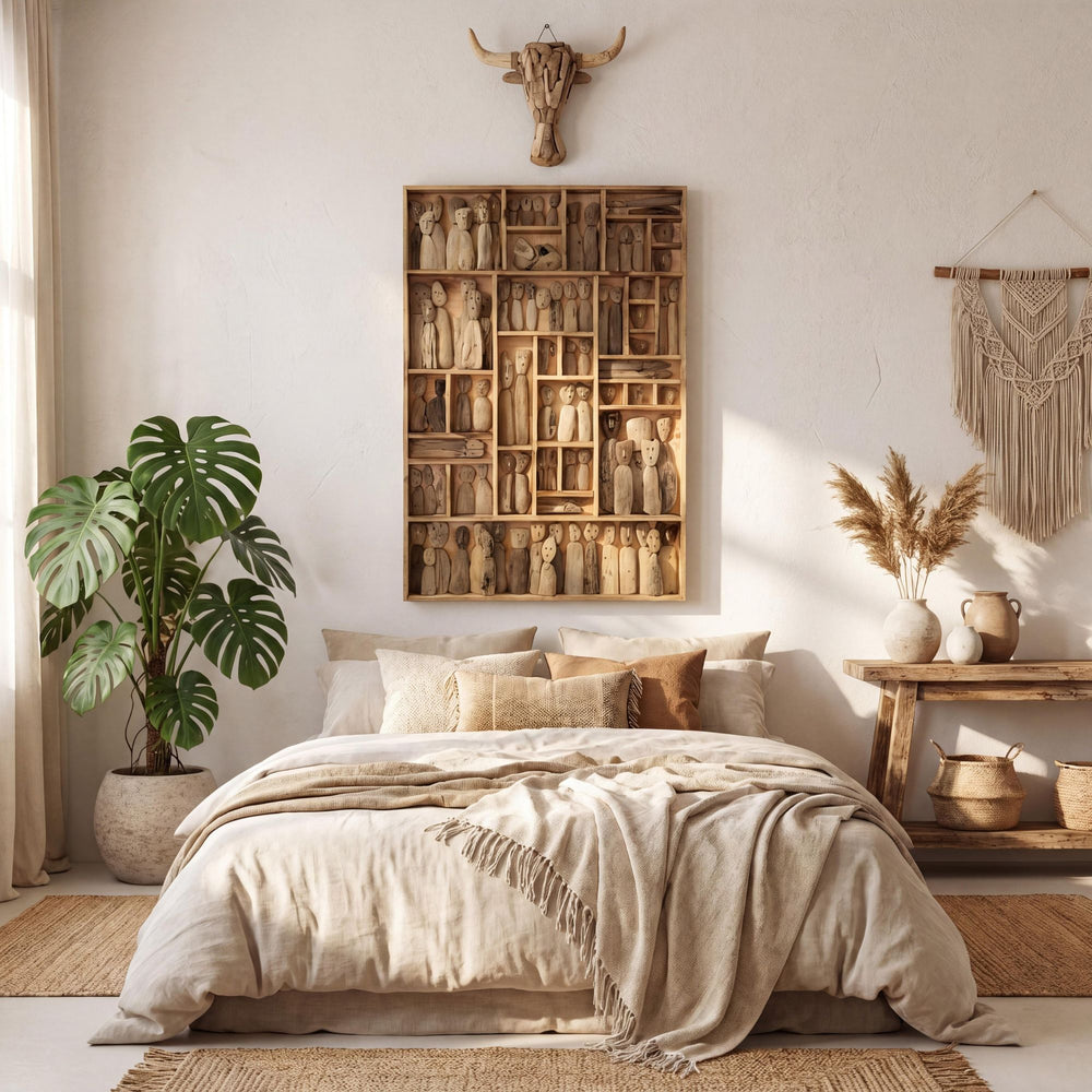 Styled bedroom setting featuring the Ralla wall decor as a statement piece above a bed in a warm natural interior.