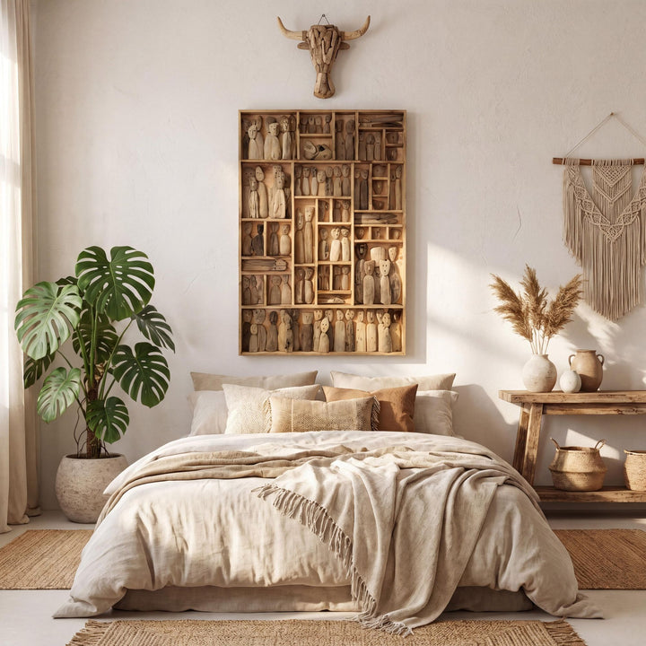 Styled bedroom setting featuring the Ralla wall decor as a statement piece above a bed in a warm natural interior.